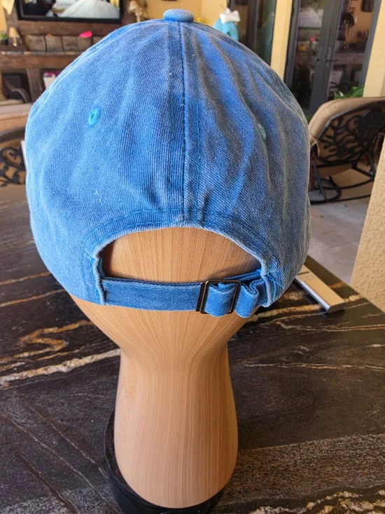 Hand Crafted Blue Denim Baseball Cap with Gold Bicycle & Pink Floral Accents - Picture 5 of 6